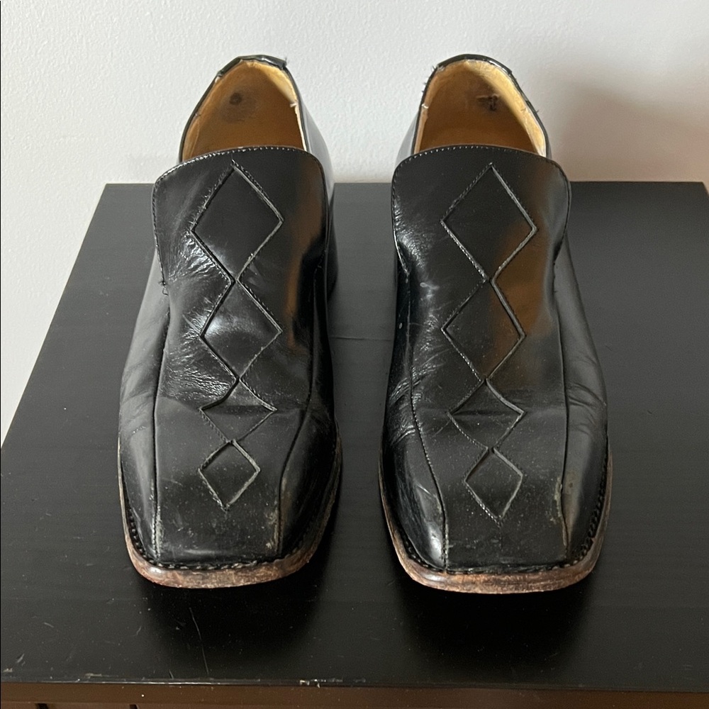 John Fluevog Black Diamond Stitch Loafers
